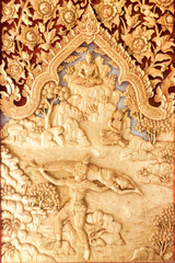 Plakat Art of wood carving on door in temple