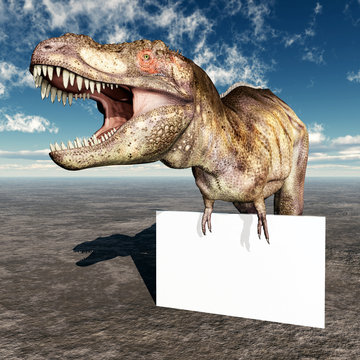 Tyrannosaurus Rex mit Werbeschild