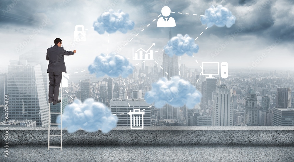 Poster composite image of businessman standing on ladder