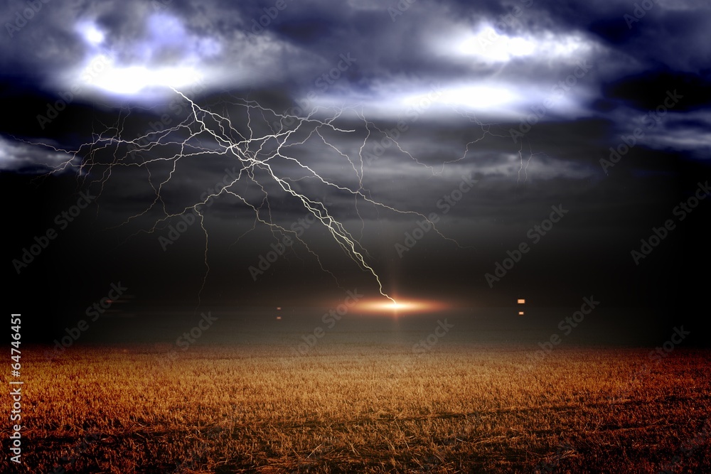 Poster stormy sky over field with lightning