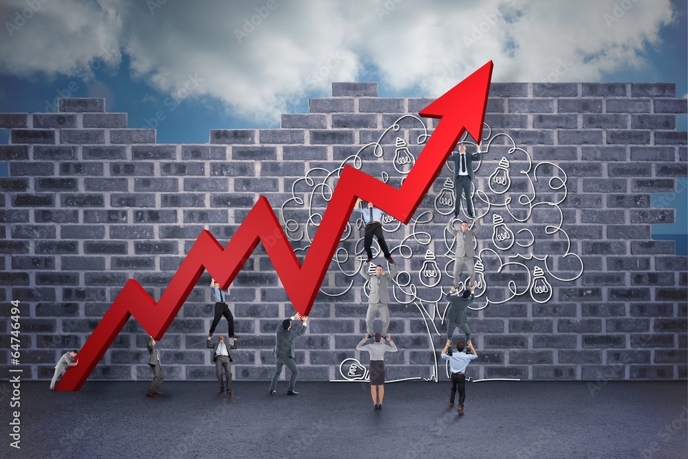 Poster composite image of business team holding up arrow
