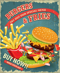 Vintage Burgers with fries set poster design © Sze Wei Wong