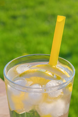 Simple glass of ice water with lemon slices and straw