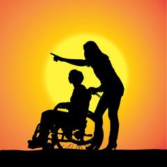 Vector silhouettes of people in a wheelchair.