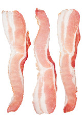 Three pieces of raw bacon isolated on a white background