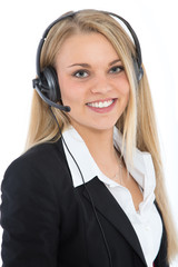 Junge symphatische Frau mit Headset als Support