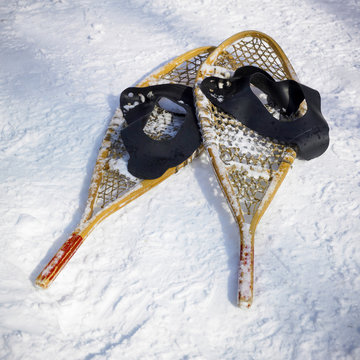 Snowshoes in snow, Orangeville, Dufferin County, Ontario, Canada
