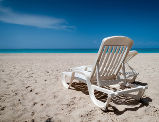 Reclining chairs on the beach, Havana, Cuba