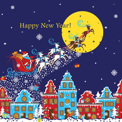 New Year greeting card.Santa Claus coming to City