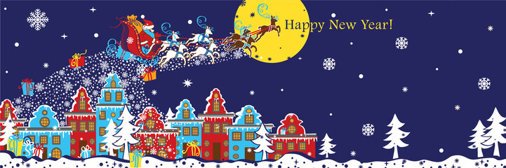 Fototapeta premium New Year horizontal banner.Santa Claus coming to City