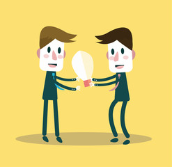 Businessman giving ideas bulb to his partner.