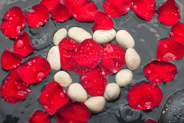 The symbolic heart of the white stones among red rose petals