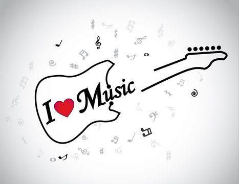 I love music electric guitar musical notes concept & red heart
