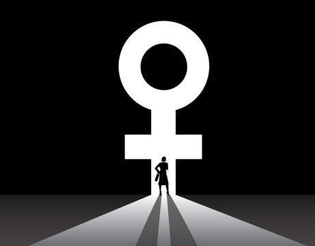 Business Woman Silhouette Stand Front Of Big Female Symbol Door