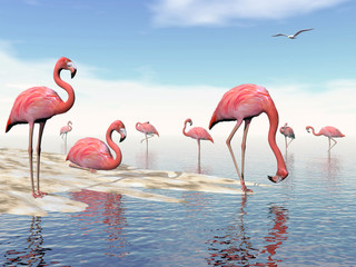 Obrazy na Plexi  Stado różowych flamingów - render 3D