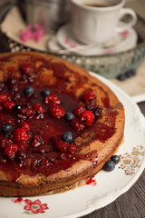 Raspberry cake on a porcelain plate