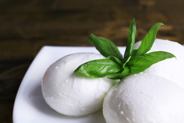 Tasty mozzarella cheese with basil