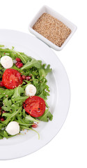 Green salad made with  arugula, tomatoes, cheese mozzarella