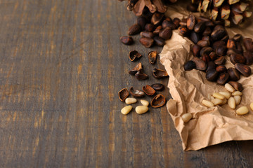Cedar pine nuts on wooden table