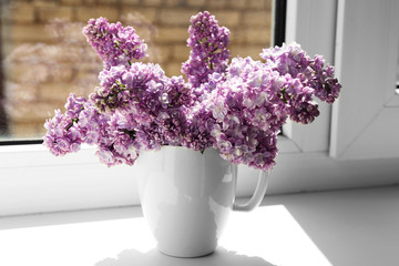 Beautiful lilac flowers on windowsill