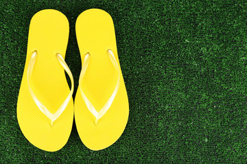 Bright flip-flops on green grass background