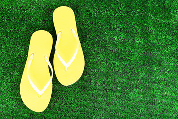 Bright flip-flops on green grass background