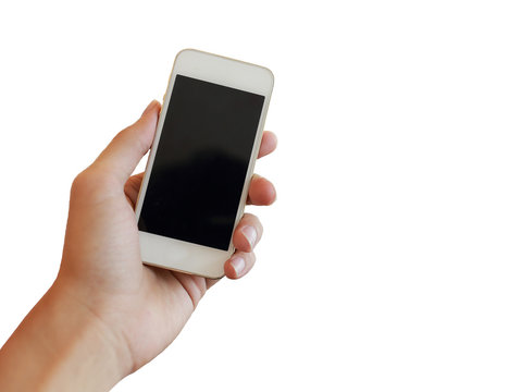 isolated hand using a smart phone on white background