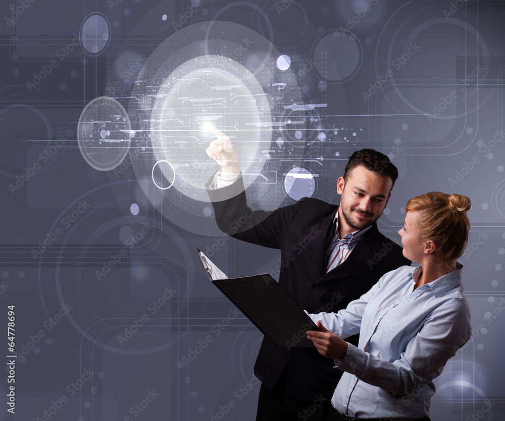 Poster happy couple touching abstract high technology circular buttons