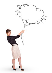 Young lady holding cloud balloon drawing