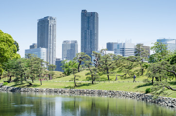 Naklejka premium Skyscrapers and japanese garden in Tokyo Japan