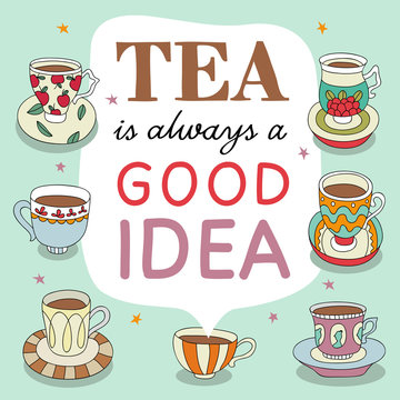 Fototapeta Hand drawn vector card poster with lettering and tea cups
