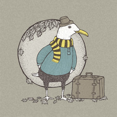 hand drawn retro style traveled seagull