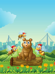 A big bear above the log with three bees