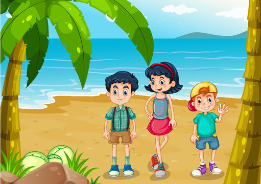 Children strolling at the beach