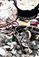 sewing accessories and retro photo stylish women