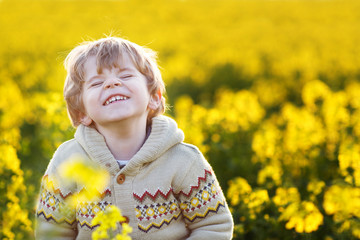 Happy little blond toddler boy lauging in yellow rape field on a