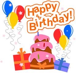 Happy Birthday cake, balloons and gifts