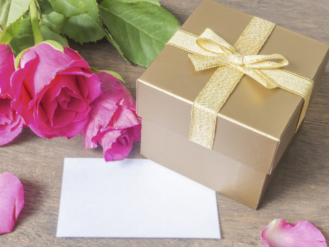 Gold Gift Box With Card And Rose