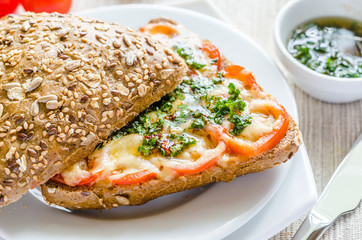 Sandwich with melted cheese and tomatoes