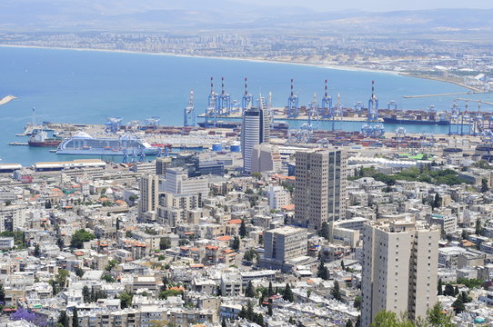 View on the down town of Haifa and Bahai Gardens from Mount Carmel