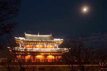 Night scene city gate and city wall in ancient city of Dali.