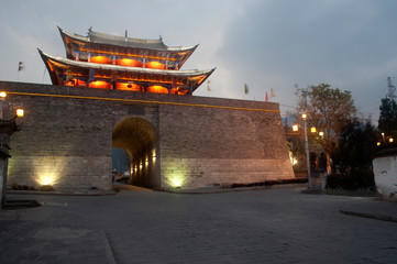 Scenic of city gate and wall in old city of Dali at Yunnan.