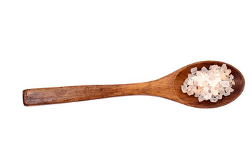 Pink Salt in Wooden Spoon Isolated on White Background