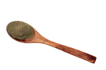 Pepper in Wooden Spoon Isolated on White Background