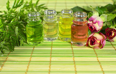 Group of colorful bottles with essential oil