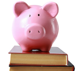 piggy bank  and book isolated white background