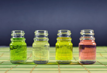 Group of glass bottles with essential oils