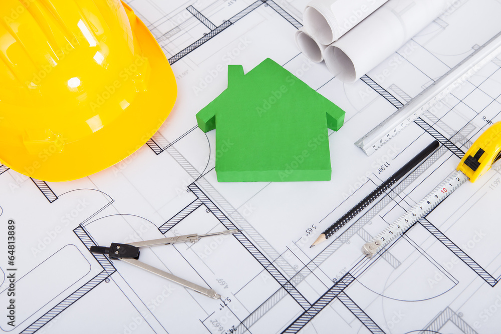 Poster Tools; Hardhat And Model House On Blueprint