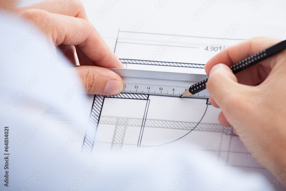 Poster Architect Using Ruler And Pencil On Blueprint