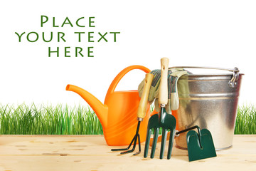 Gardening still life with various tools against green grass